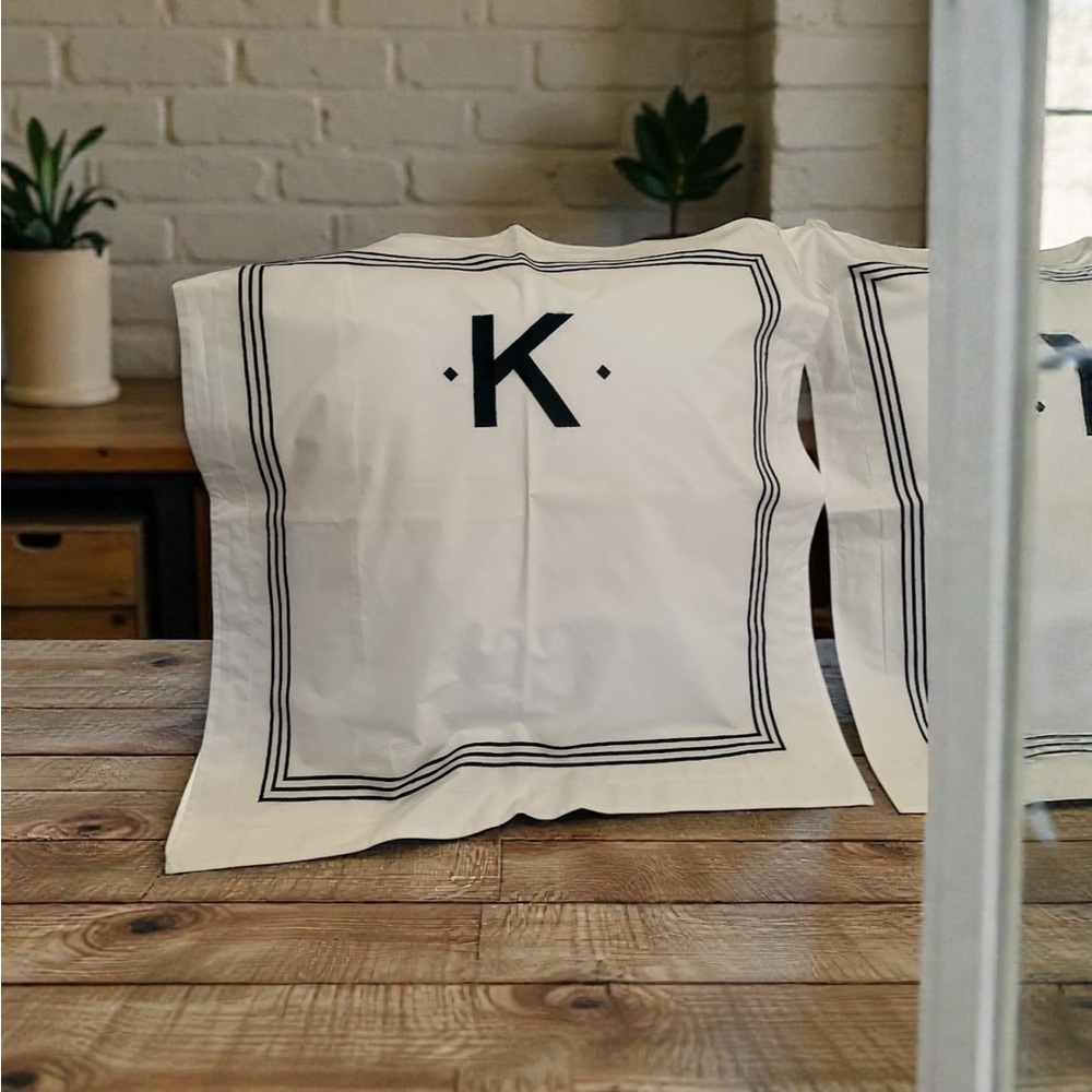 New Pottery Barn Euro Shams - 26x26 - White -Never Used- K” initial
